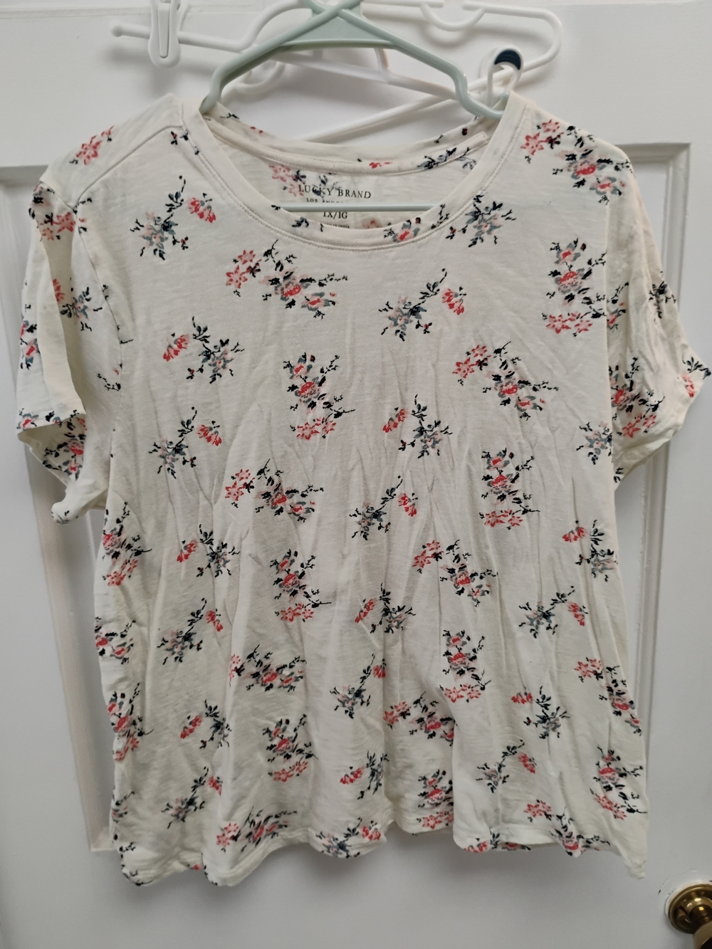 Lucky Brand Cream Floral Short Sleeve Tee with Pink and Navy Accents